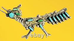 VERY RARE ZUNI Roadrunner Sterling Silver Needlepoint Turquoise 2 Brooch LOOK