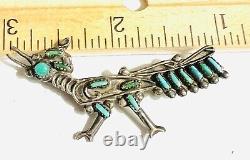 VERY RARE ZUNI Roadrunner Sterling Silver Needlepoint Turquoise 2 Brooch LOOK