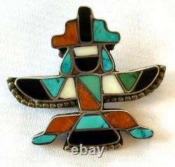 VINTAGE 1930s ZUNI INLAY KNIFEWING PIN STERLING SILVER NATIVE AMERICAN TURQUOISE