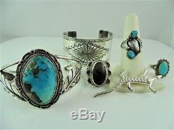 VINTAGE Lot Collection SET of 6 NAVAJO Bracelets Pin & Rings STERLING TURQUOISE