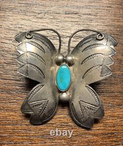 VINTAGE NATIVE AMERICAN NAVAJO LARGE SILVER & TURQUOISE BUTTERFLY PIN Brooch