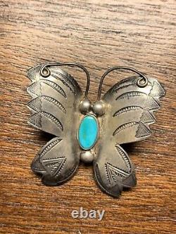 VINTAGE NATIVE AMERICAN NAVAJO LARGE SILVER & TURQUOISE BUTTERFLY PIN Brooch