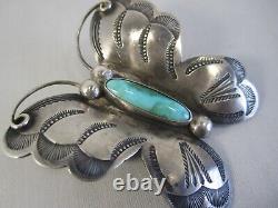 VINTAGE NATIVE AMERICAN NAVAJO LARGE SILVER & TURQUOISE BUTTERFLY PIN Brooch