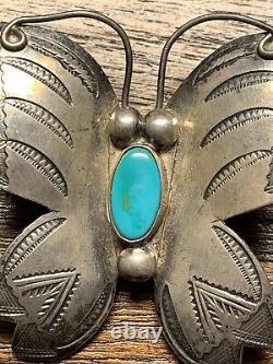 VINTAGE NATIVE AMERICAN NAVAJO LARGE SILVER & TURQUOISE BUTTERFLY PIN Brooch