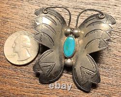 VINTAGE NATIVE AMERICAN NAVAJO LARGE SILVER & TURQUOISE BUTTERFLY PIN Brooch