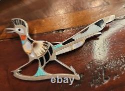 VINTAGE NATIVE AMERICAN ZUNI ROADRUNNER STERLING SILVER BIRD PIN BROOCH 3 Inlay