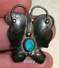 VINTAGE NAVAJO BUTTERFLY TURQUOISE STERLING SILVER PIN BROOCH With STAMPWORK vafo