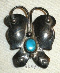 VINTAGE NAVAJO BUTTERFLY TURQUOISE STERLING SILVER PIN BROOCH With STAMPWORK vafo