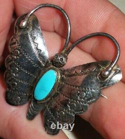VINTAGE NAVAJO BUTTERFLY TURQUOISE STERLING SILVER PIN GREAT STAMPWORK vafo