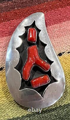 VINTAGE NAVAJO INDIAN SILVER & CORAL PIN/PENDANT 2-1/2 LONG unsigned EXCELLENT