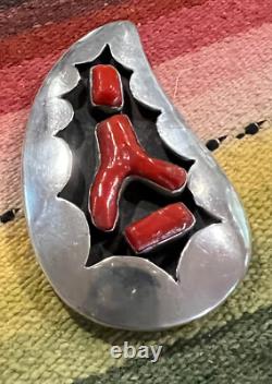 VINTAGE NAVAJO INDIAN SILVER & CORAL PIN/PENDANT 2-1/2 LONG unsigned EXCELLENT