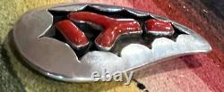 VINTAGE NAVAJO INDIAN SILVER & CORAL PIN/PENDANT 2-1/2 LONG unsigned EXCELLENT