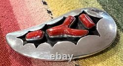 VINTAGE NAVAJO INDIAN SILVER & CORAL PIN/PENDANT 2-1/2 LONG unsigned EXCELLENT
