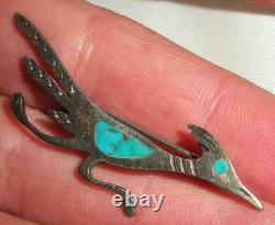 VINTAGE NAVAJO ROAD RUNNER TURQUOISE STERLING SILVER PIN BROOCH vafo