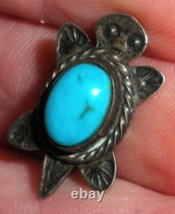 VINTAGE NAVAJO UNUSUAL TURTLE TURQUOISE STERLING SILVER PIN BROOCH vafo