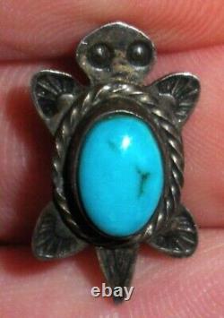 VINTAGE NAVAJO UNUSUAL TURTLE TURQUOISE STERLING SILVER PIN BROOCH vafo