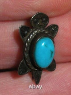 VINTAGE NAVAJO UNUSUAL TURTLE TURQUOISE STERLING SILVER PIN BROOCH vafo