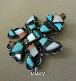 VINTAGE ZUNI STERLING 925 KNIFEWING DANCER PIN With MULTI-GEMSTONE INLAY
