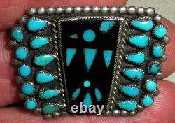 VINTAGE ZUNI THUNDERBIRD TURQUOISE & ONYX STERLING SILVER PIN BROOCH vafo