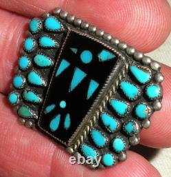 VINTAGE ZUNI THUNDERBIRD TURQUOISE & ONYX STERLING SILVER PIN BROOCH vafo