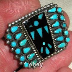 VINTAGE ZUNI THUNDERBIRD TURQUOISE & ONYX STERLING SILVER PIN BROOCH vafo