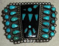 VINTAGE ZUNI THUNDERBIRD TURQUOISE & ONYX STERLING SILVER PIN BROOCH vafo