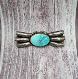 VTG 925 Sterling Silver Navajo Turquoise Pin Brooch 2 Wide Bow Design