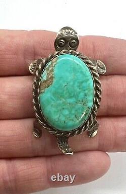 VTG Albert Cleveland Signed Navajo Sterling Silver Turquoise Turtle Brooch Pin
