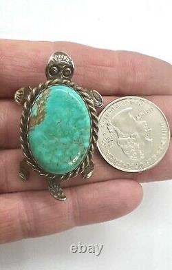 VTG Albert Cleveland Signed Navajo Sterling Silver Turquoise Turtle Brooch Pin