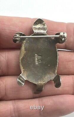 VTG Albert Cleveland Signed Navajo Sterling Silver Turquoise Turtle Brooch Pin