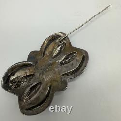 VTG Marie Silver Navajo Sterling Turquoise Stamped Concho Pin/ Brooch 17.2g #ydh