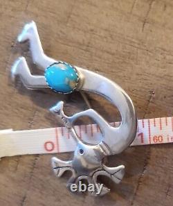 VTG NATIVE AMERICAN STERLING KOKOPELI TURQUOISE BROOCH PIN Signed GS