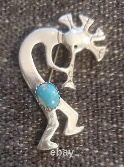 VTG NATIVE AMERICAN STERLING KOKOPELI TURQUOISE BROOCH PIN Signed GS