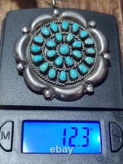 VTG Native American Sterling Silver Turquoise Petit Point Brooch Pin Pendant