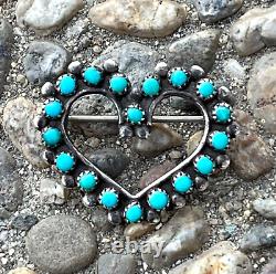 VTG Native American ZUNI STERLING SILVER Petit Point TURQUOISE HEART-SHAPED PIN