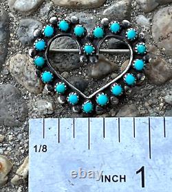 VTG Native American ZUNI STERLING SILVER Petit Point TURQUOISE HEART-SHAPED PIN