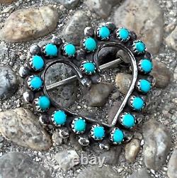 VTG Native American ZUNI STERLING SILVER Petit Point TURQUOISE HEART-SHAPED PIN