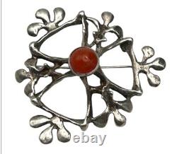 VTG Native Tribal Sterling Silver Coral Sandcast Brutalist Modernist Pin Brooch