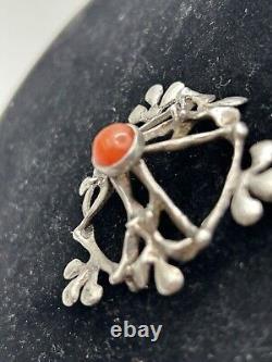 VTG Native Tribal Sterling Silver Coral Sandcast Brutalist Modernist Pin Brooch