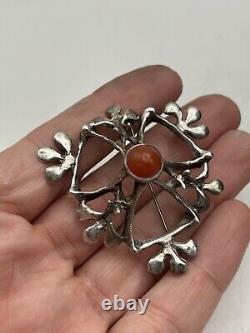 VTG Native Tribal Sterling Silver Coral Sandcast Brutalist Modernist Pin Brooch