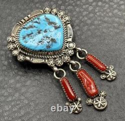 VTG Navajo Fred Harvey Era Sterling Silver Turquoise Coral Brooch Pendant