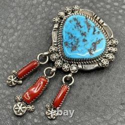 VTG Navajo Fred Harvey Era Sterling Silver Turquoise Coral Brooch Pendant