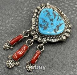 VTG Navajo Fred Harvey Era Sterling Silver Turquoise Coral Brooch Pendant