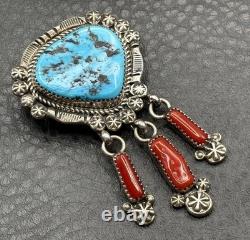 VTG Navajo Fred Harvey Era Sterling Silver Turquoise Coral Brooch Pendant