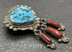 VTG Navajo Fred Harvey Era Sterling Silver Turquoise Coral Brooch Pendant