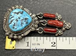 VTG Navajo Fred Harvey Era Sterling Silver Turquoise Coral Brooch Pendant