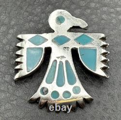 VTG Navajo Native American Thunderbird Turquoise Inlay Sterling Silver Brooch