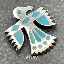 VTG Navajo Native American Thunderbird Turquoise Inlay Sterling Silver Brooch