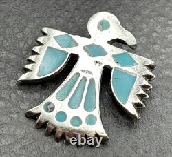 VTG Navajo Native American Thunderbird Turquoise Inlay Sterling Silver Brooch