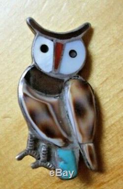 VTG Navajo Zuni Pin Turquoise Silver Cowrie Inlaid Owl Fetish Velma Lesansee